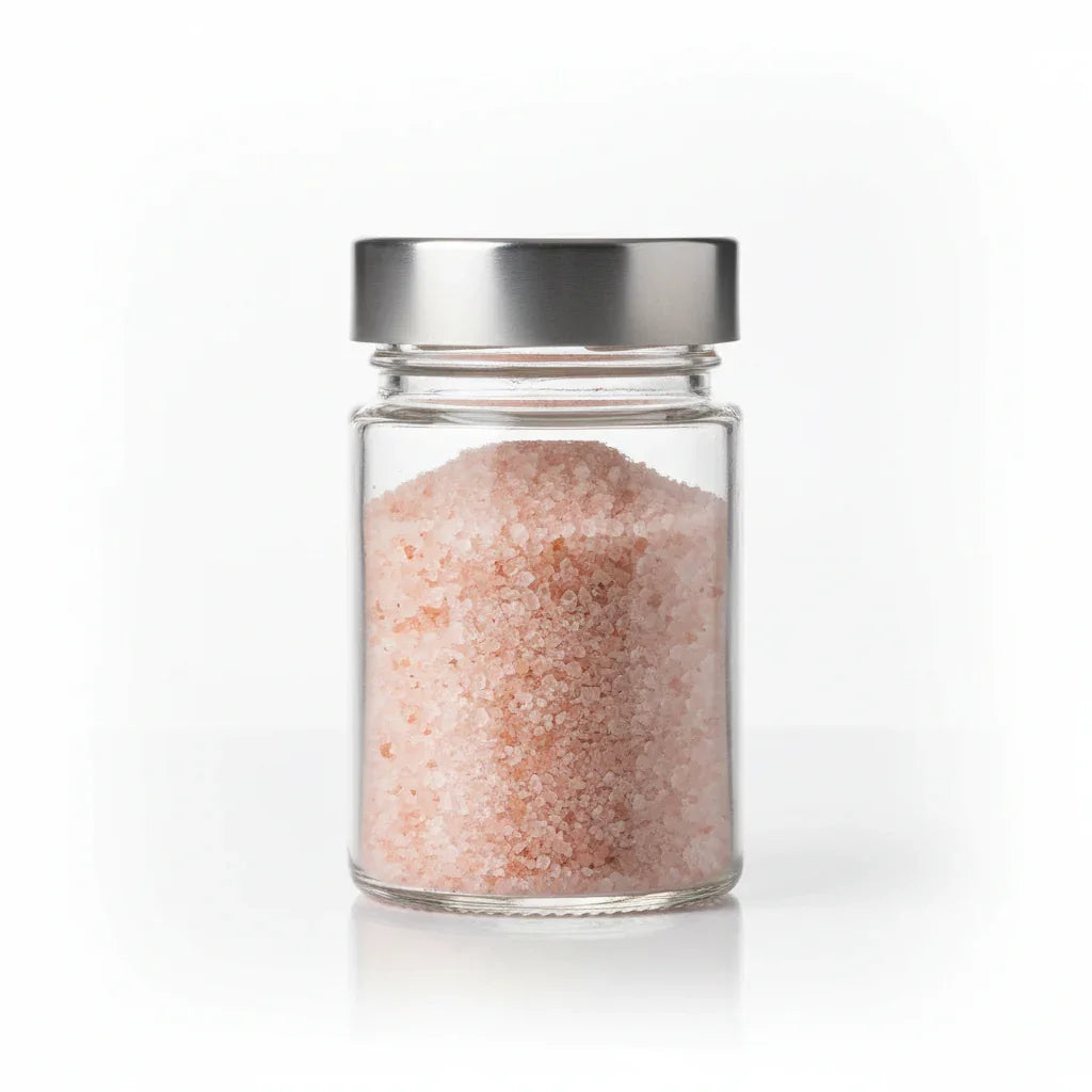 Crystal pink fine salt in glass jar - premium Himalayan pink salt fine grind