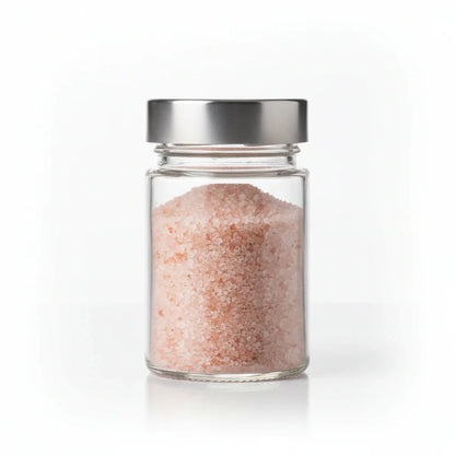 Crystal pink fine salt in glass jar - premium Himalayan pink salt fine grind