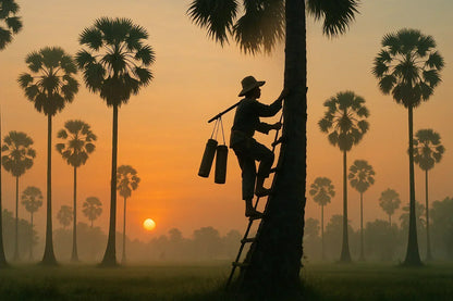 Farmer climbing palm tree at sunrise in tropical field, harvesting natural ingredients