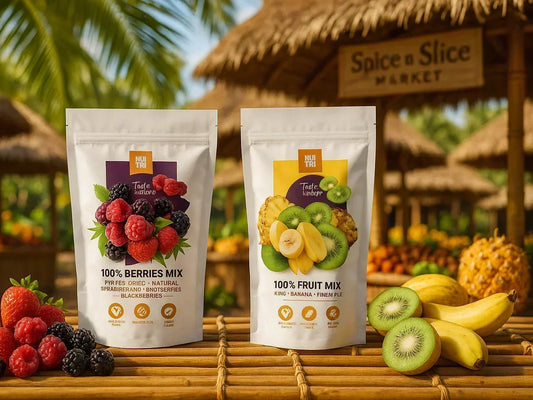 Dried fruit and berries mix pouches with fresh berries, bananas, kiwi and pineapple on a tropical market table