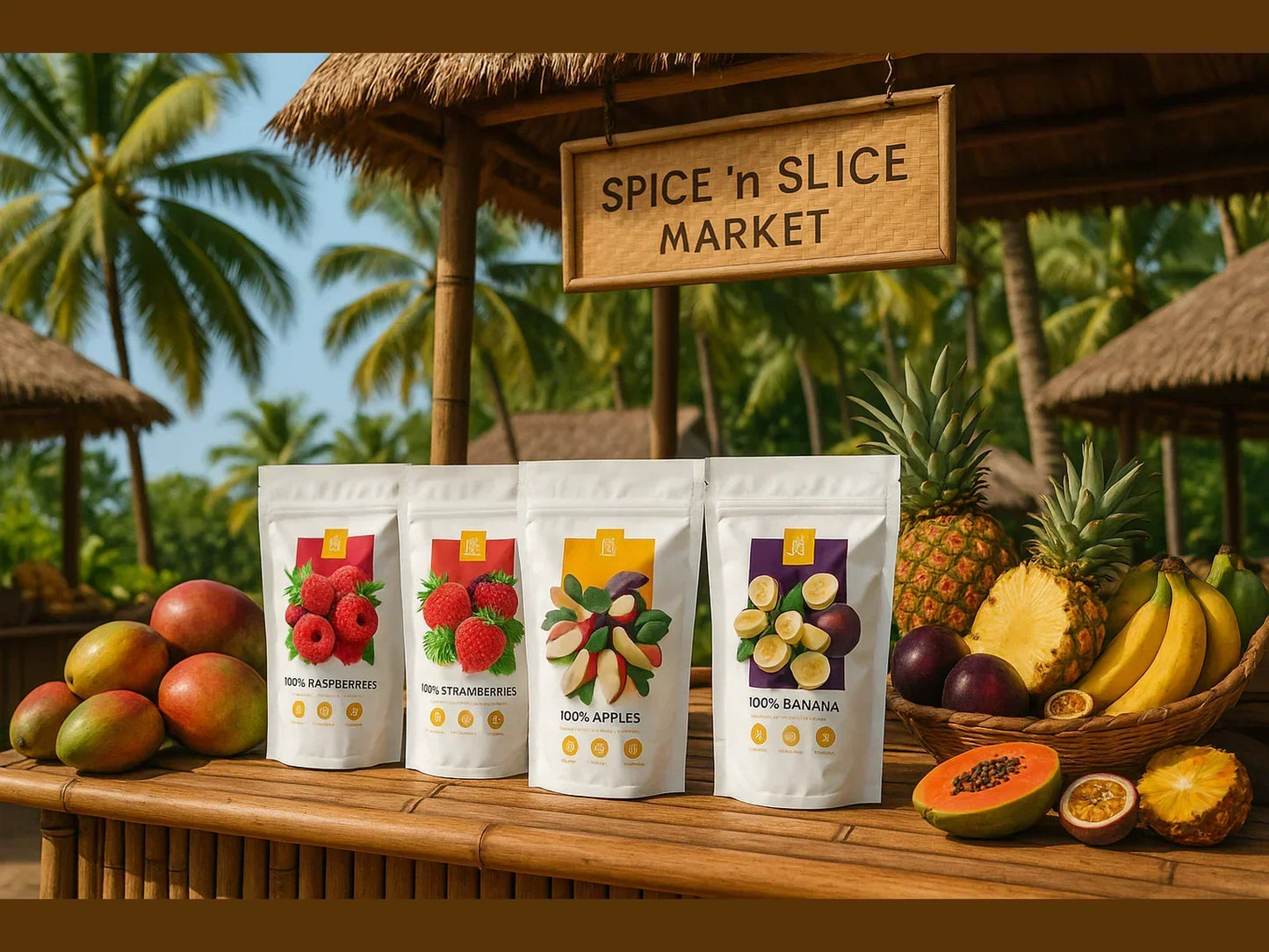 Tropical market stand with dried fruit pouches and assorted fresh fruits outdoors