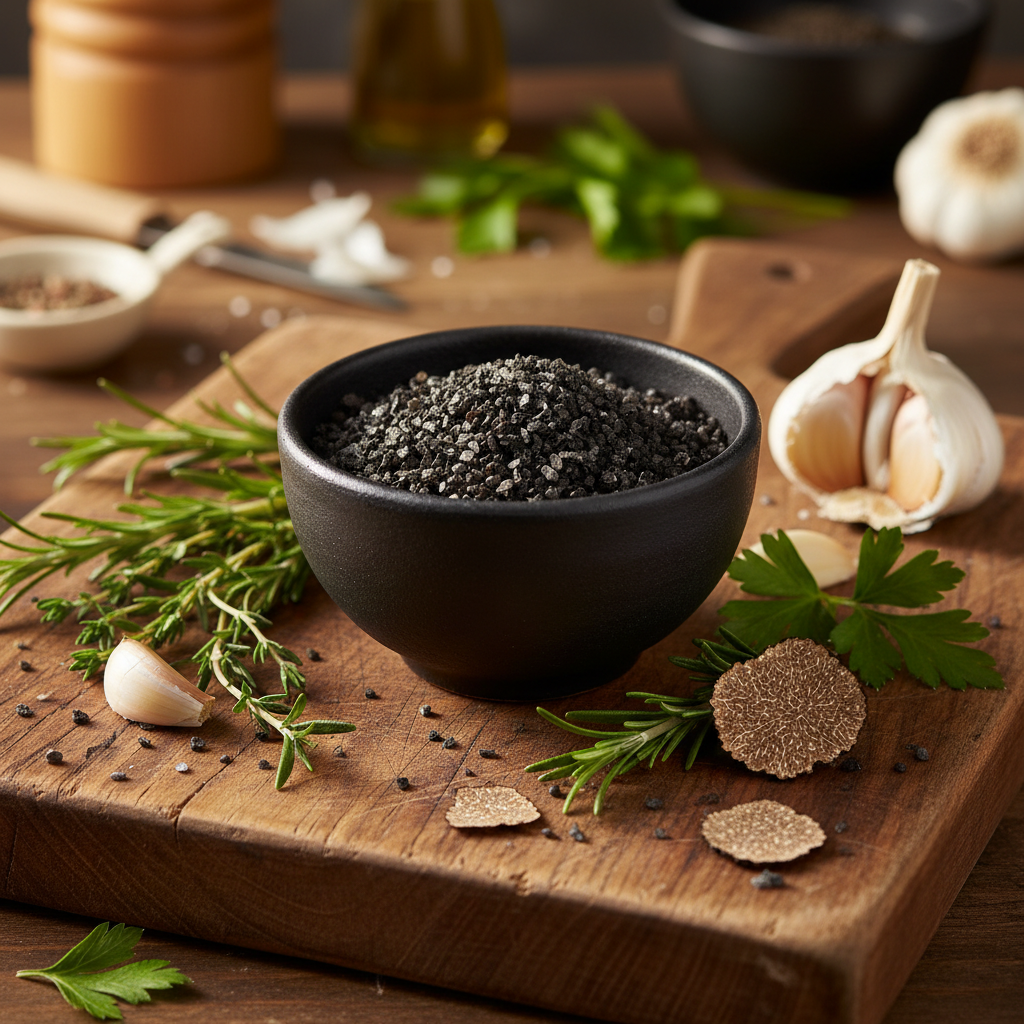 Black Summer Truffle Salt in rustic kitchen setting with herbs and truffle shavings