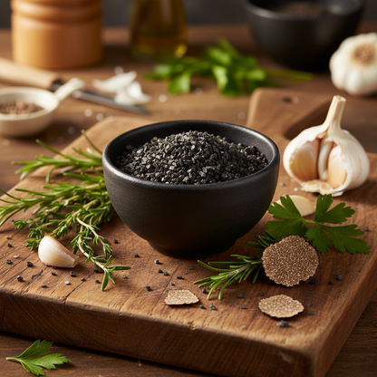 Black Summer Truffle Salt in rustic kitchen setting with herbs and truffle shavings
