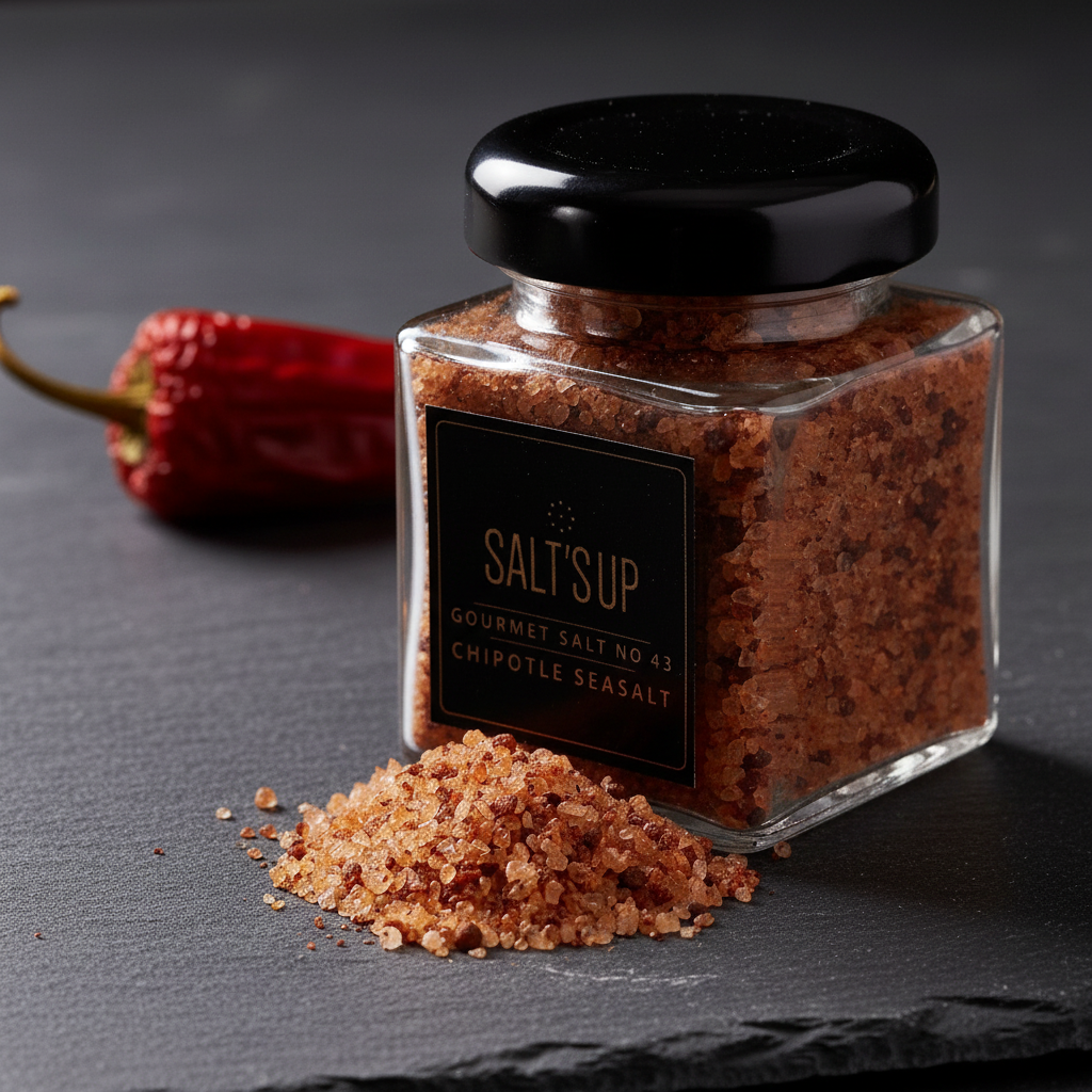 CHIPOTLE gourmet salt crystals macro close-up on dark slate with dried red chilli