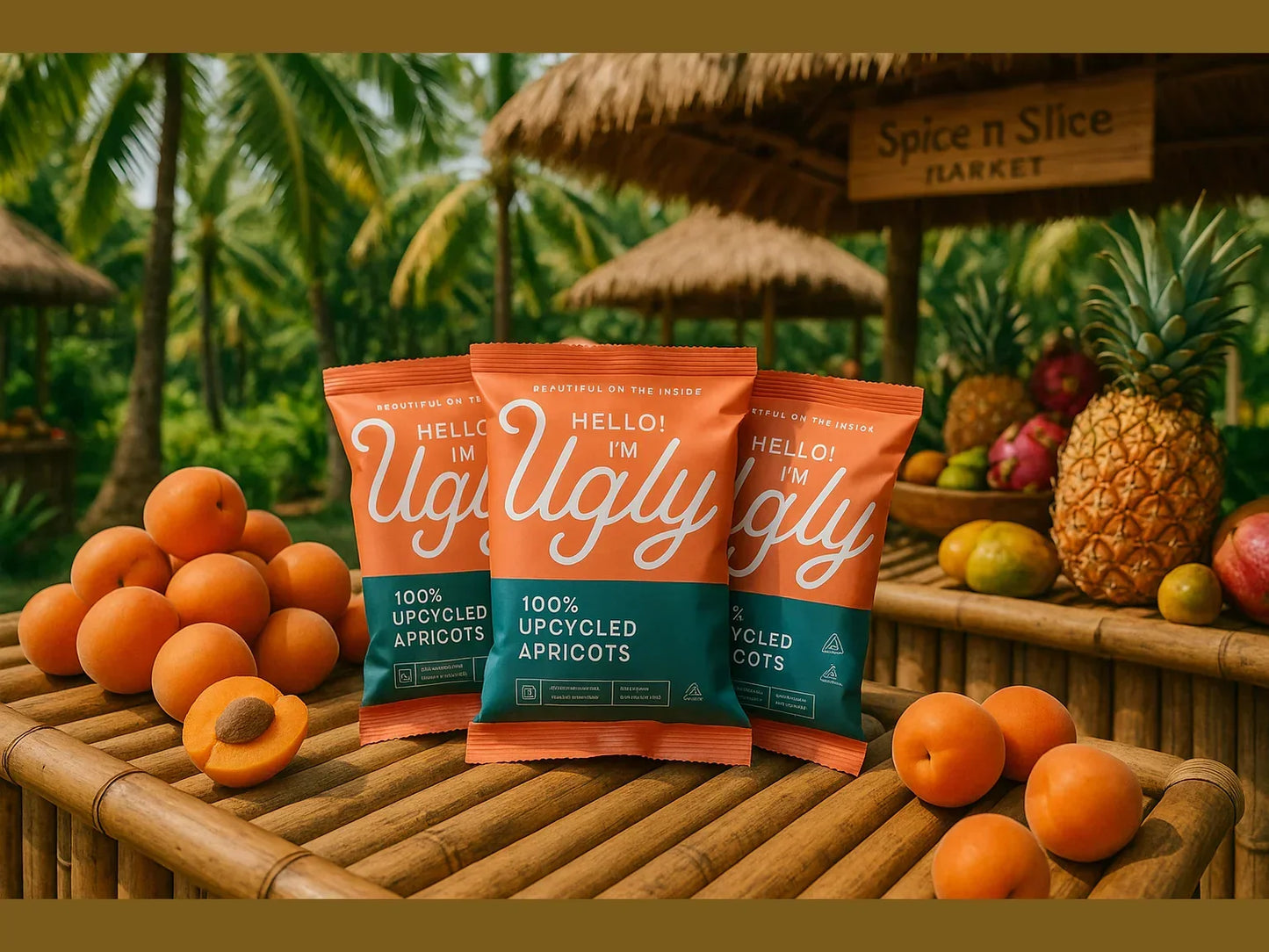 Upcycled apricots snack packs surrounded by fresh apricots and tropical fruit on bamboo table