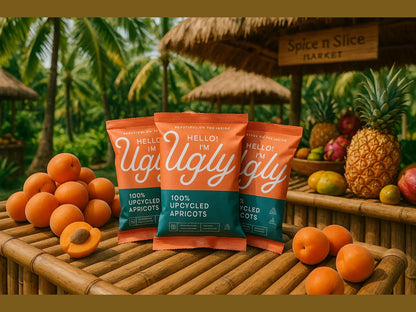 Upcycled apricots snack packs surrounded by fresh apricots and tropical fruit on bamboo table