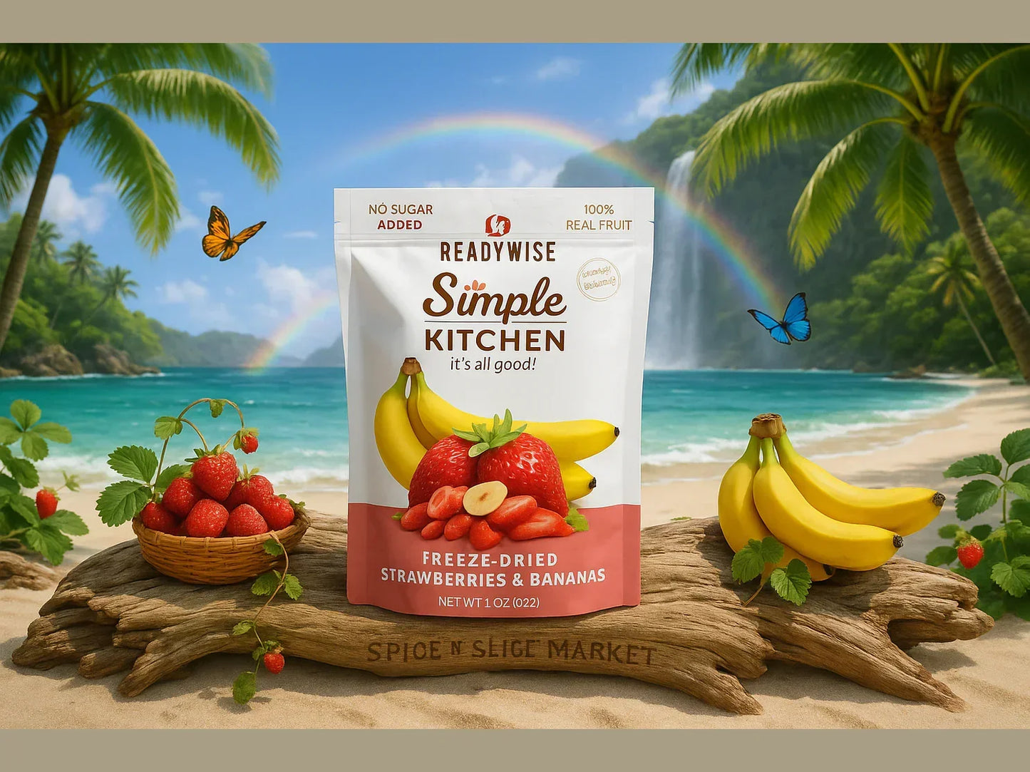 Freeze-dried strawberries and bananas snack pack on tropical beach with fruit, rainbow, and butterflies