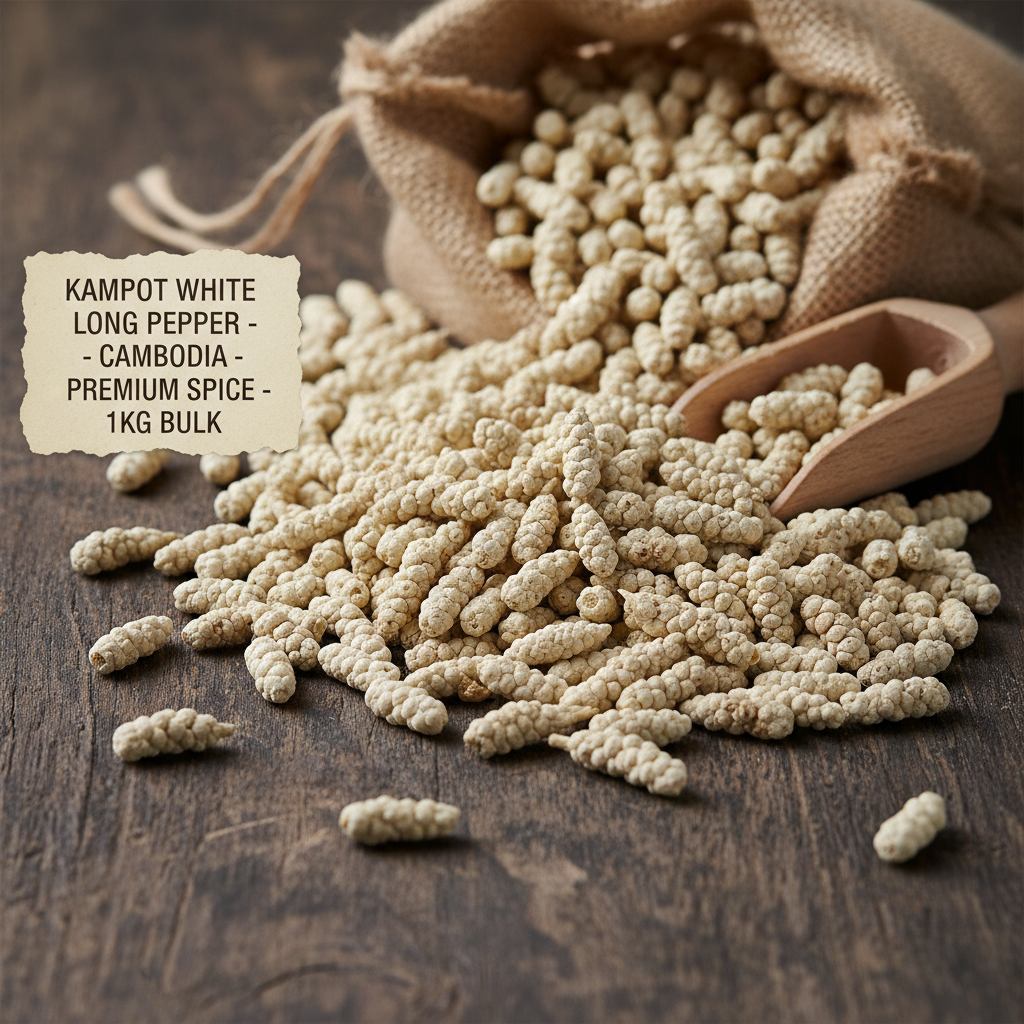 Long pepper white pearls Kampot Cambodia wholesale scattered on dark wooden surface