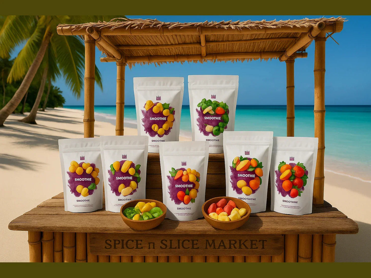 Assorted dried fruit smoothie pouches and bowls displayed on bamboo stand by tropical beach