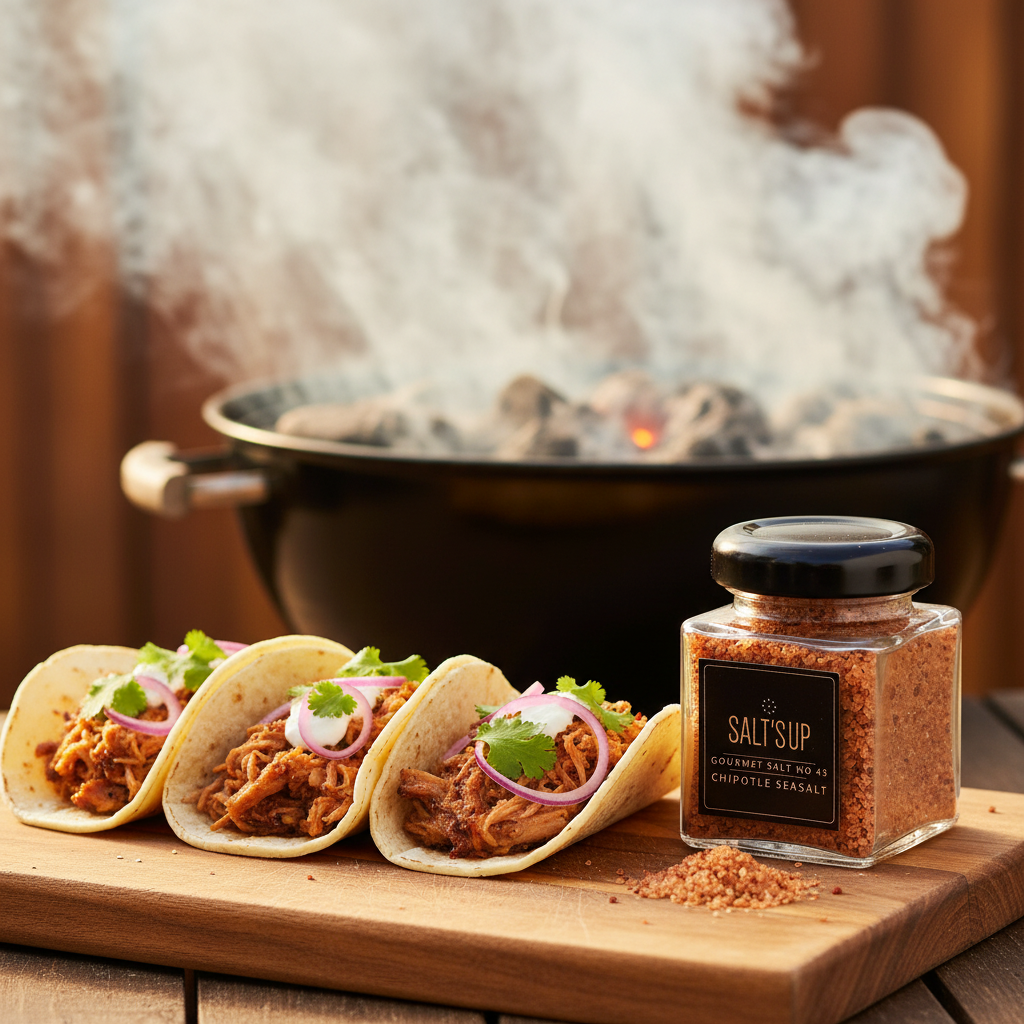 CHIPOTLE gourmet salt jar beside smoky BBQ pulled pork tacos on wooden board
