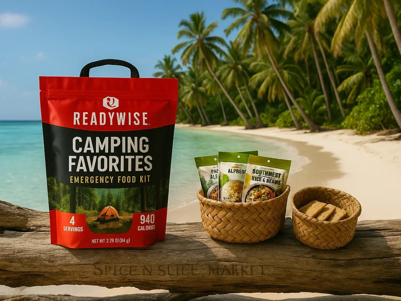 ReadyWise camping food kit and assorted freeze-dried meals on tropical beach with palm trees