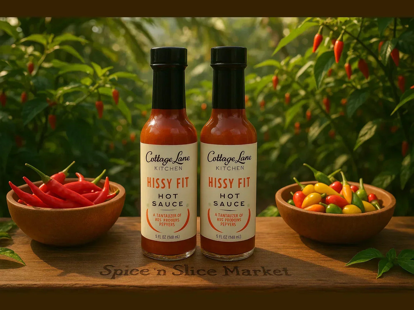 Two bottles of Cottage Lane Kitchen Hissy Fit hot sauce with red and yellow chili peppers outdoors