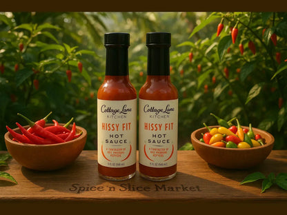 Two bottles of Cottage Lane Kitchen Hissy Fit hot sauce with red and yellow chili peppers outdoors
