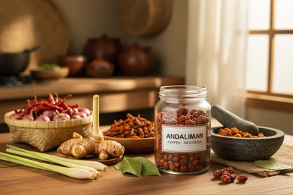 Andaliman pepper jar with Indonesian spices, lemongrass, shallots, and mortar on a kitchen table
