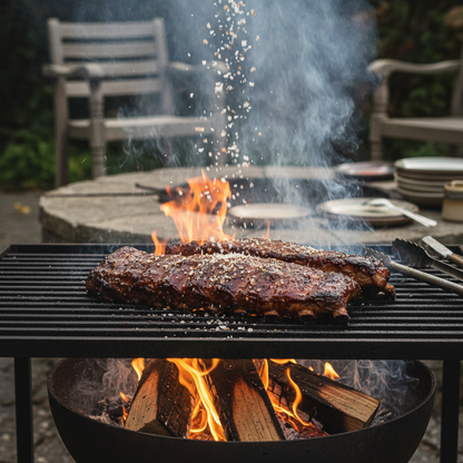 Smoked Beech Salt Flakes sprinkled over BBQ pork ribs on smoking grill
