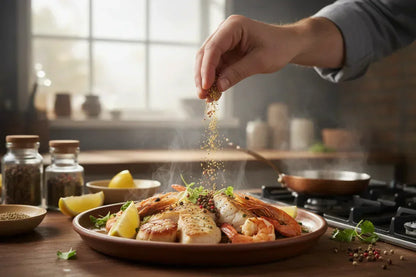 Hand sprinkling Kampot pepper on seafood with shrimp, scallops, lemon wedges in kitchen