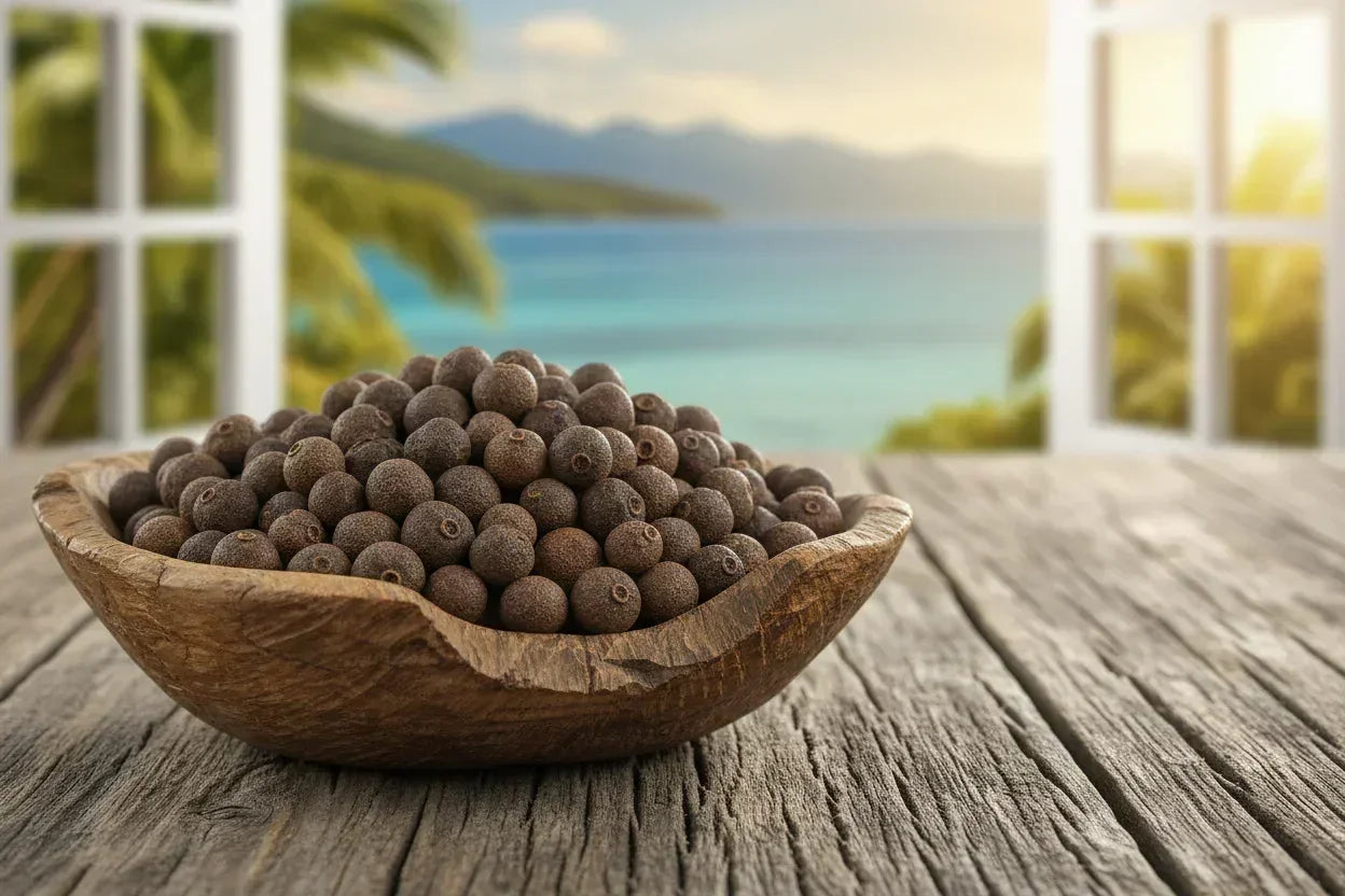 Wooden bowl filled with whole black peppercorns on rustic table by an open window with tropical sea view