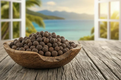 Wooden bowl filled with whole black peppercorns on rustic table by an open window with tropical sea view