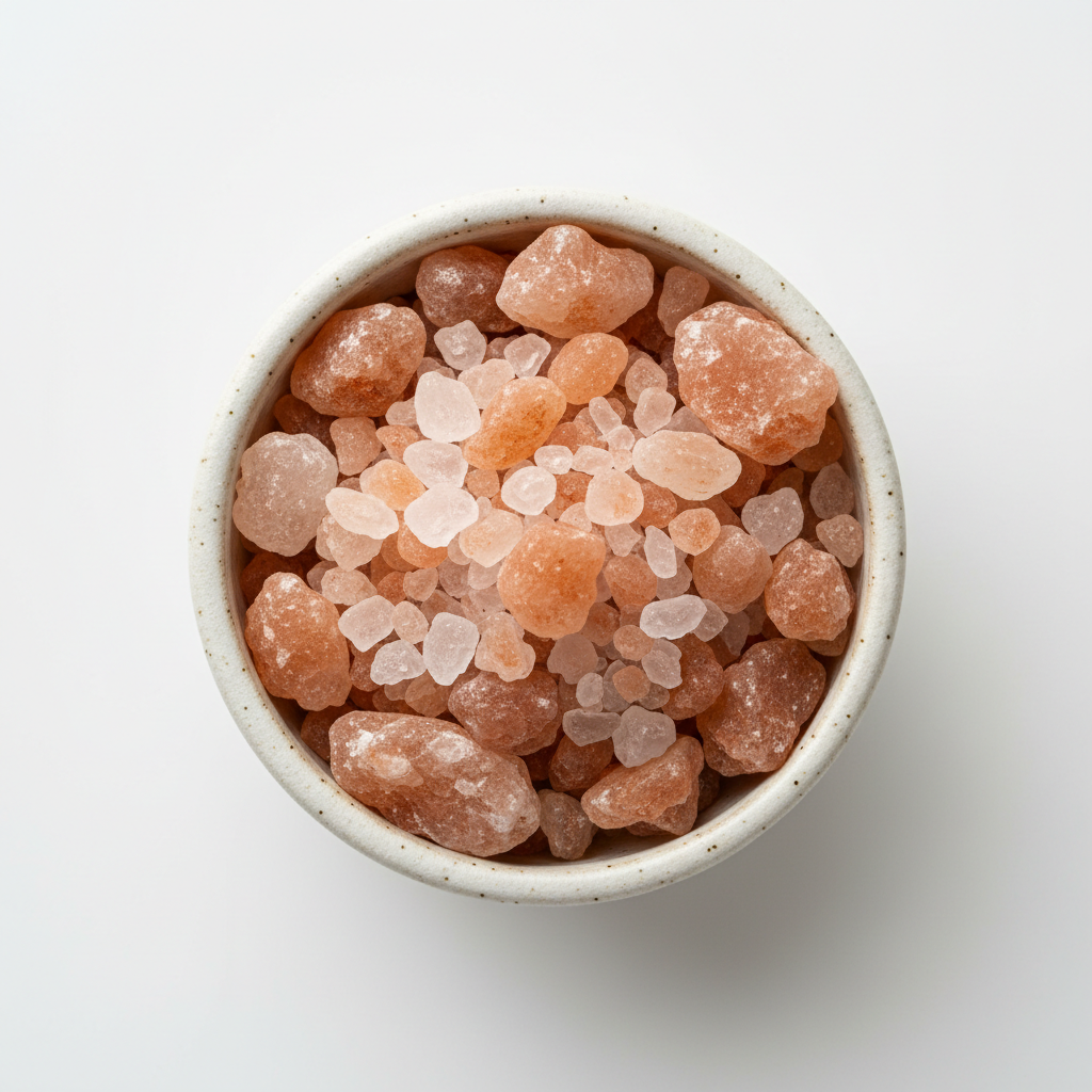 Close-up of Himalayan pink salt crystals in a small ceramic bowl showing texture and color