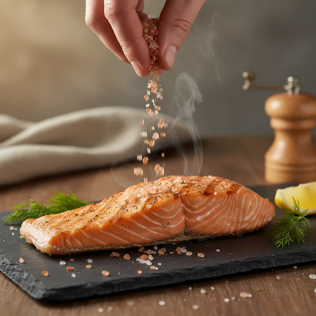 Beech smoked salt coarse being sprinkled over grilled salmon fillet