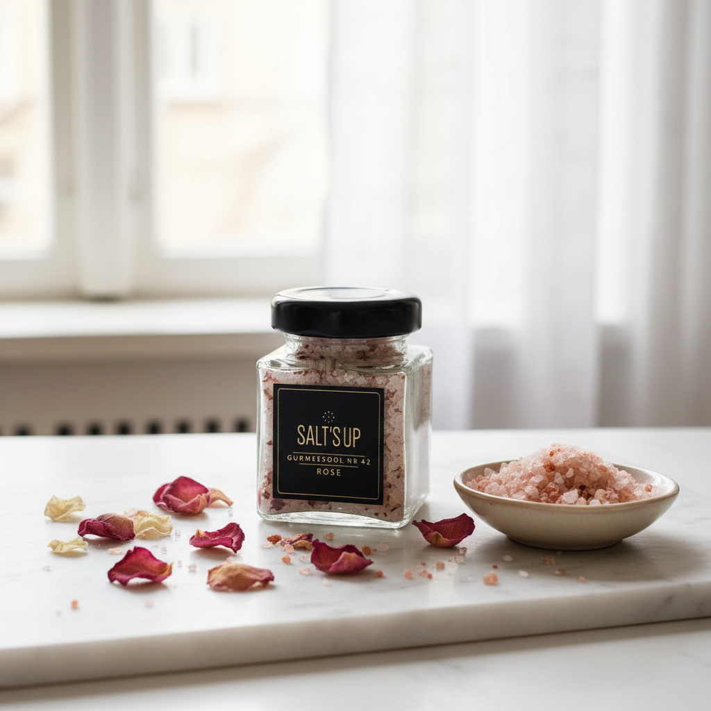 Rose gourmet salt jar in elegant floral kitchen scene with dried rose petals and pink salt crystals