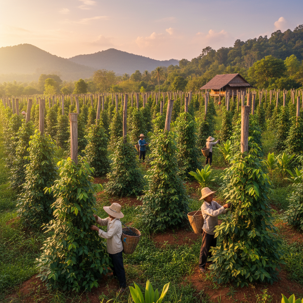 Kampot pepper farm rural Cambodia black pepper vines farmers harvesting