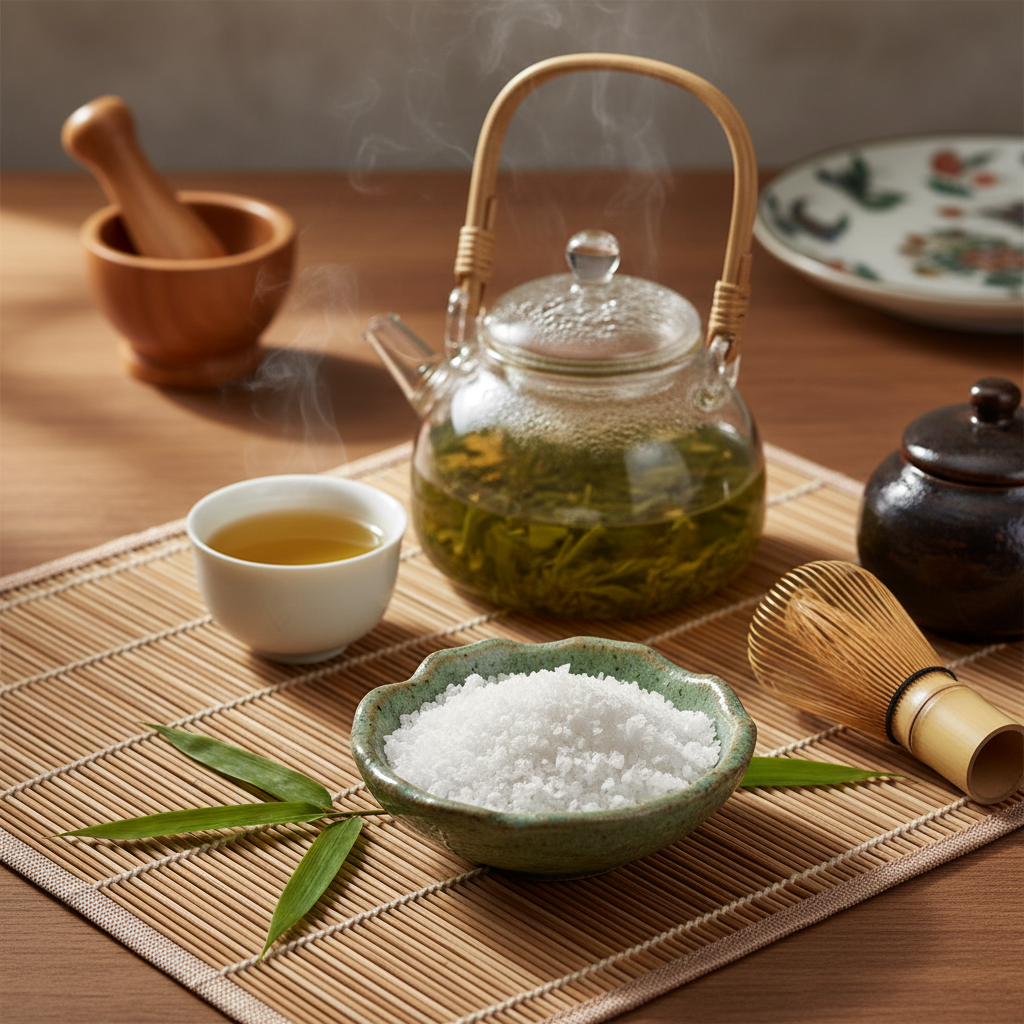 Bamboo Jade Salt Coarse in green ceramic bowl on bamboo mat with fresh bamboo leaves and green tea