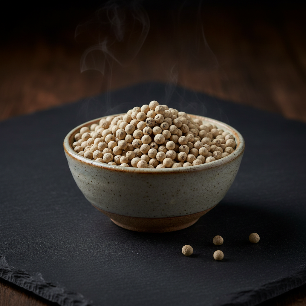 Kampot white pepper PGI peppercorns in ceramic bowl on dark slate dramatic lighting