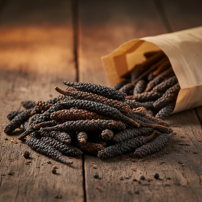 Wholesale bulk black long pepper Kampot Cambodia piled on rustic wooden surface