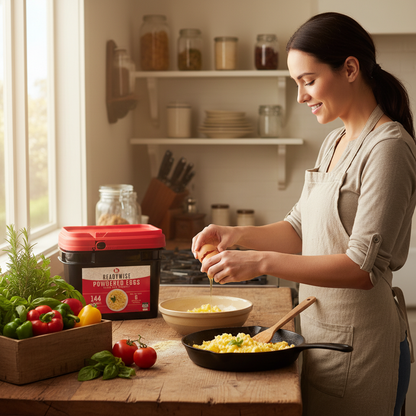 Rustic farmhouse kitchen with scrambled eggs cooking in cast iron skillet and 144 serving freeze-dried egg bucket on counter