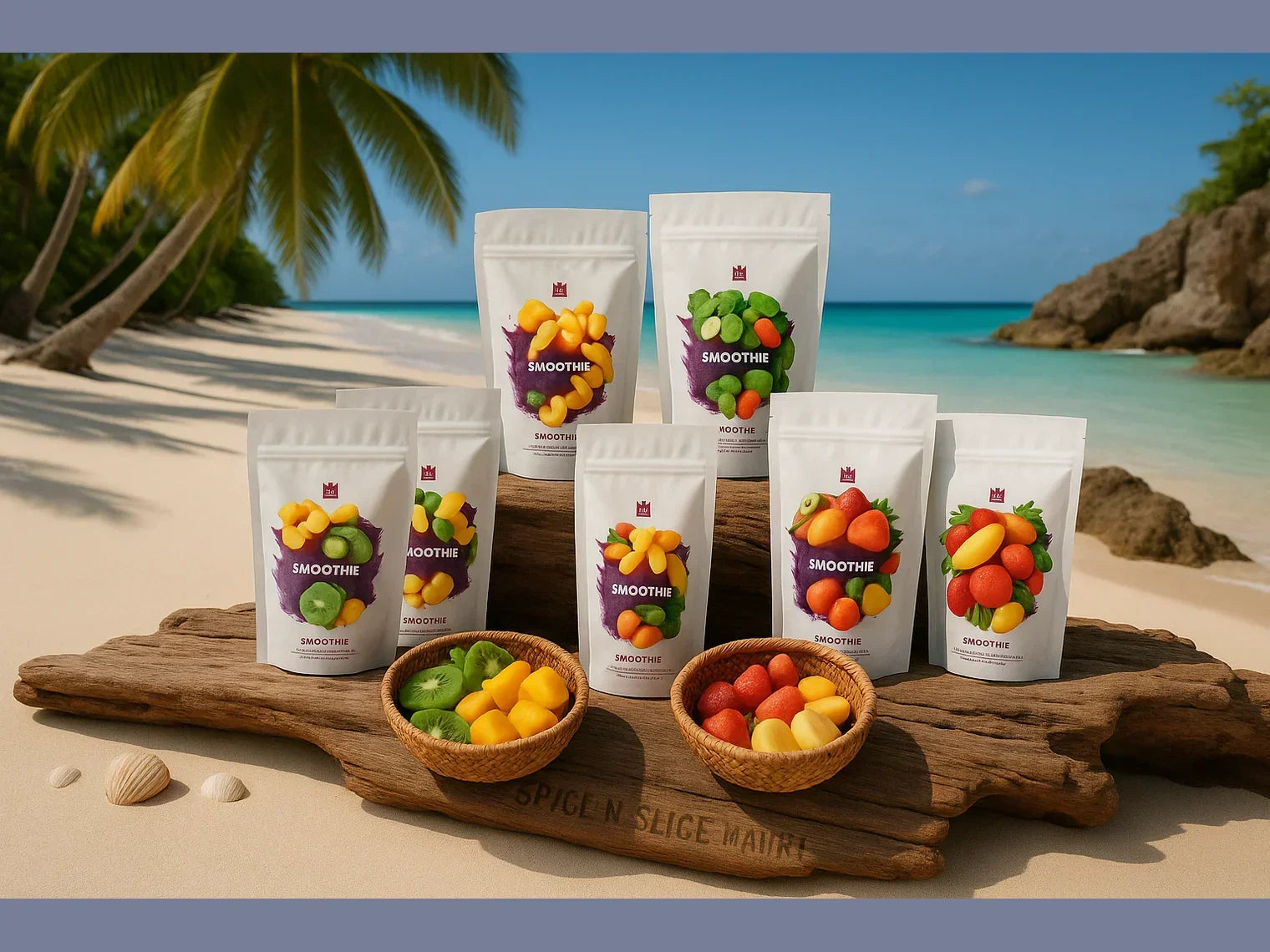 Assorted smoothie fruit snack pouches and dried fruit bowls displayed on beach driftwood