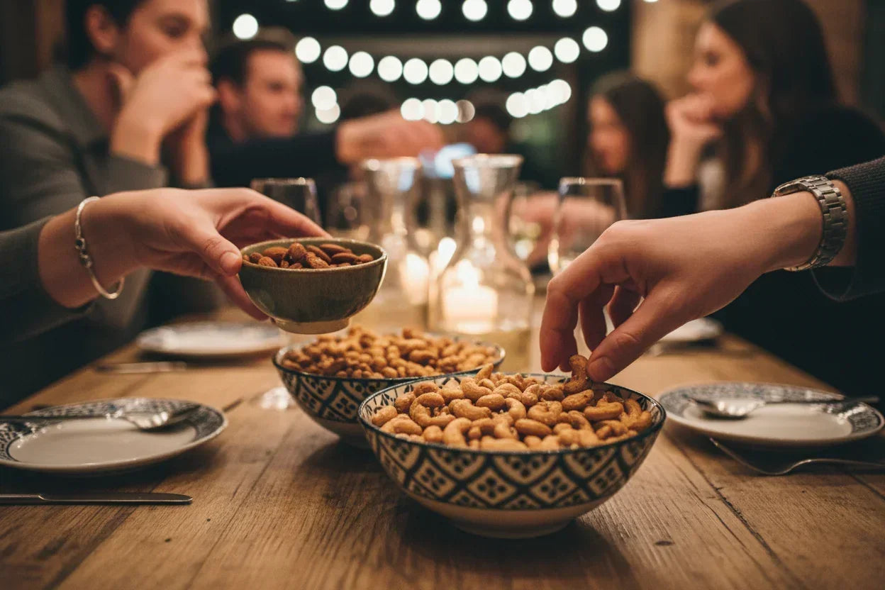 People sharing bowls of roasted nuts around a wooden table with lit candles and string lights