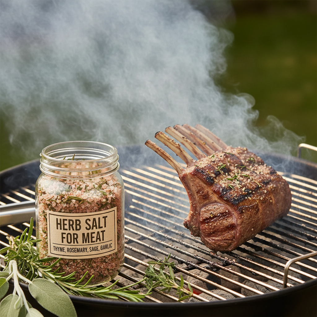 Herb salt meat seasoning jar beside grilled rack of lamb on BBQ grill