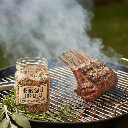 Herb salt meat seasoning jar beside grilled rack of lamb on BBQ grill