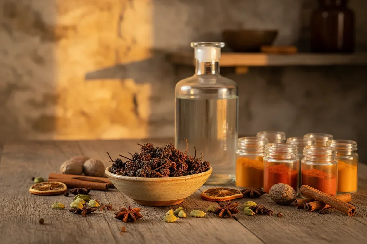 Bowl of Kampot pepper, spice jars, cinnamon sticks, dried fruit, and star anise on rustic table