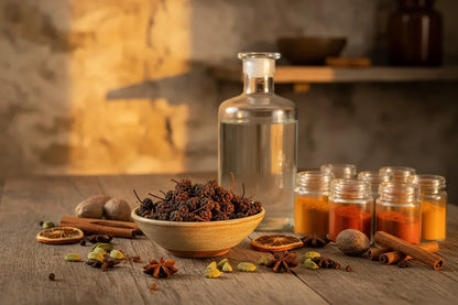 Bowl of Kampot pepper, spice jars, cinnamon sticks, dried fruit, and star anise on rustic table