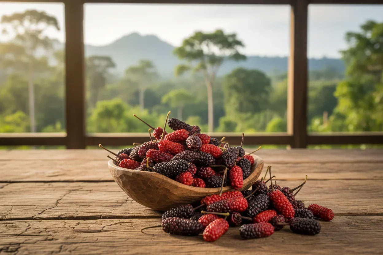 Fresh mulberries in a wooden bowl on a rustic table with forest and mountain view background