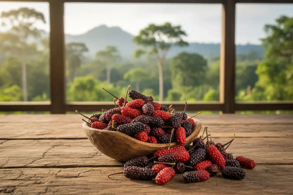 Fresh mulberries in a wooden bowl on a rustic table with forest and mountain view background