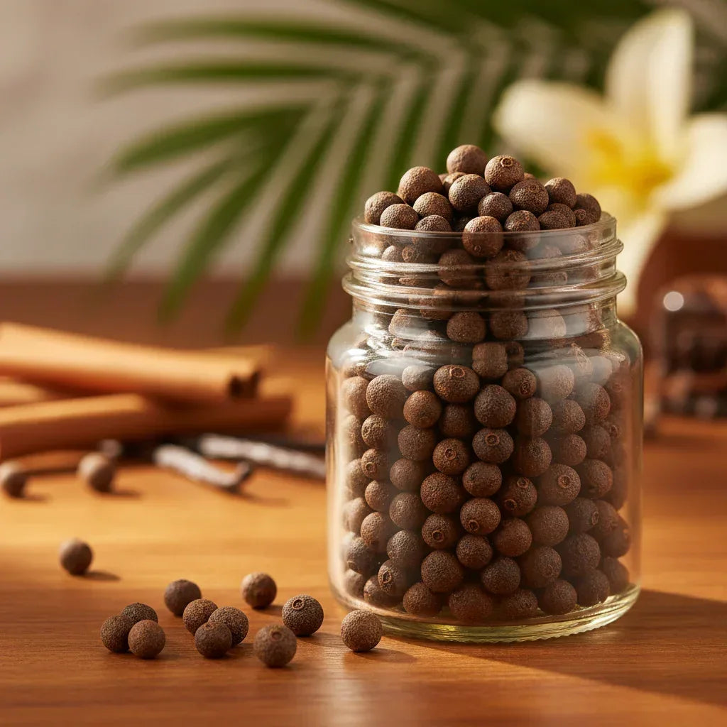 Jamaican piment allspice berries in glass jar on wood - authentic Caribbean spice
