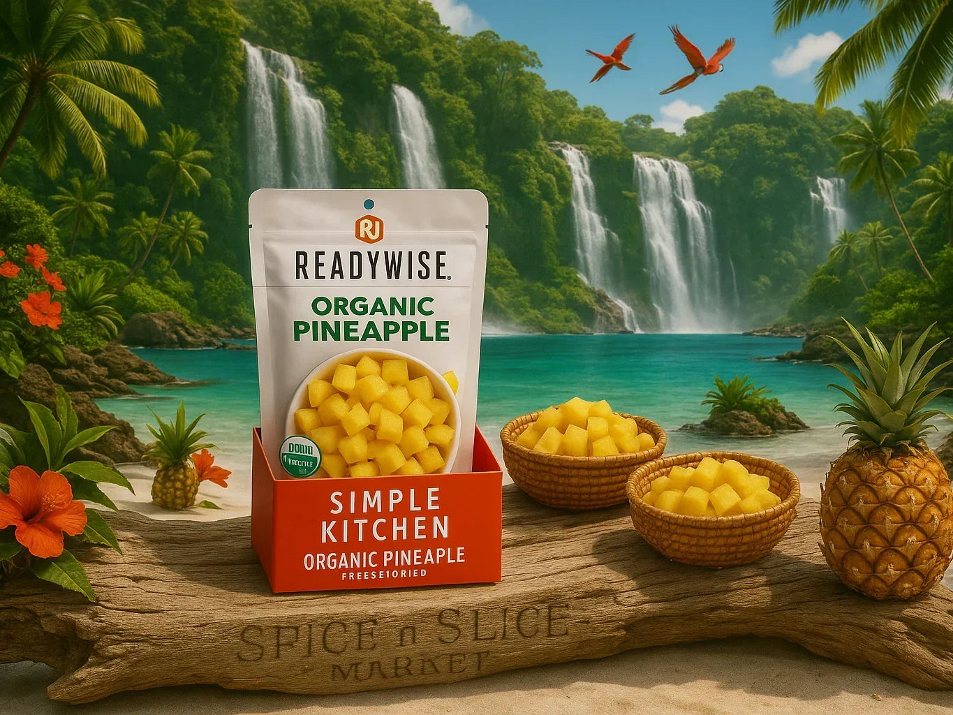 Organic pineapple freeze-dried snack pouch with diced pineapple, tropical beach and waterfalls.