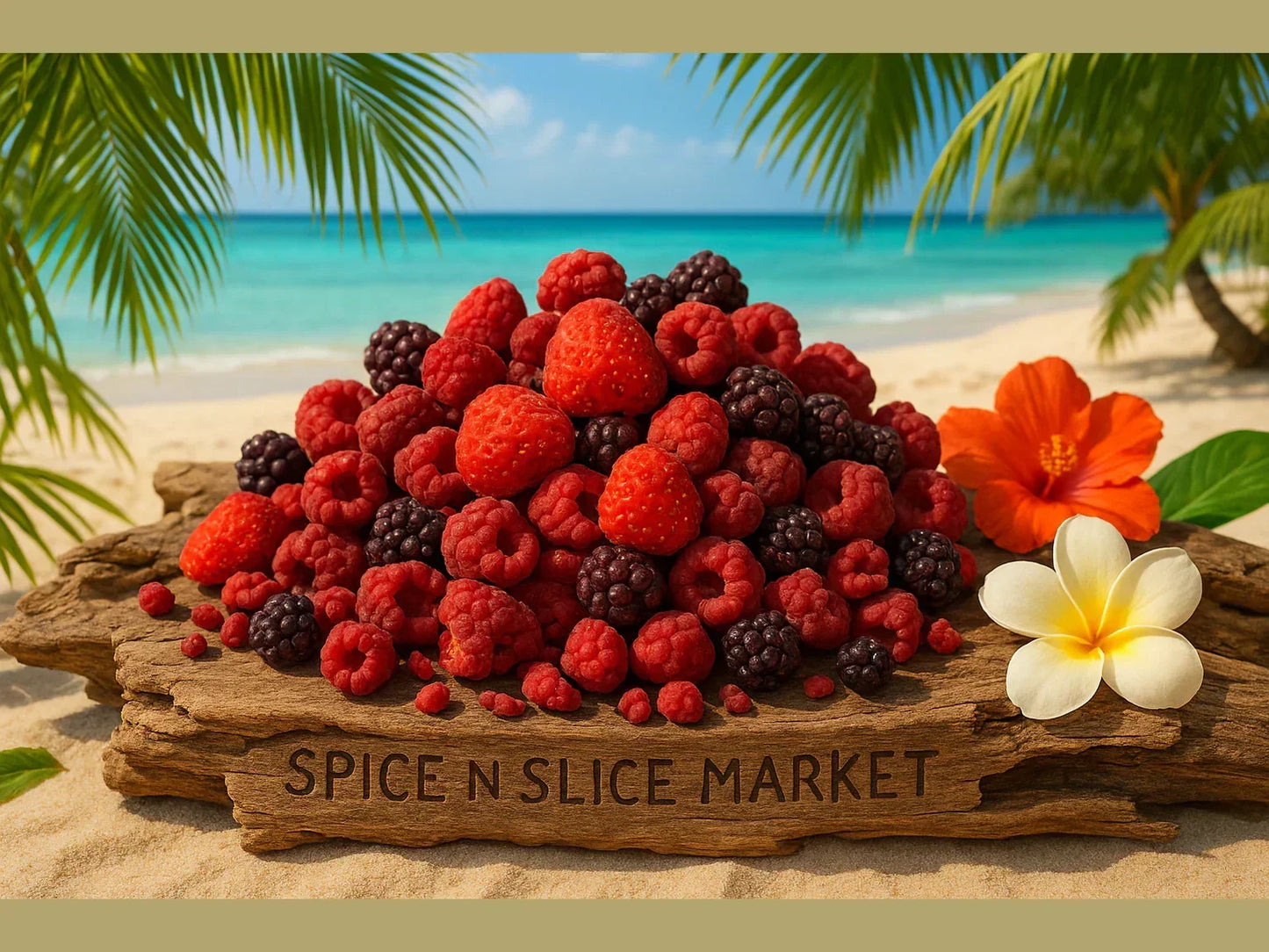 Fresh raspberries and blackberries on driftwood with tropical beach background, flowers nearby.