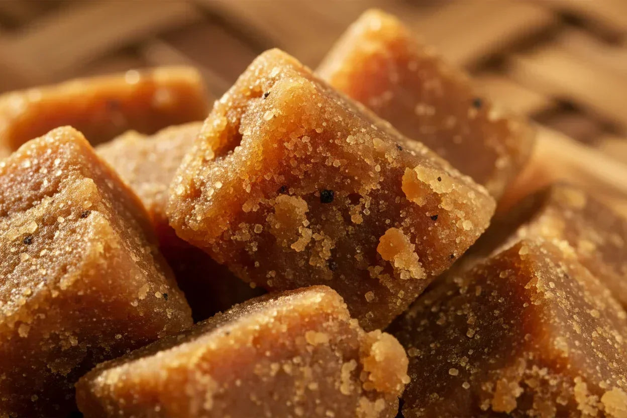 Close-up of raw organic cane sugar cubes, coarse texture, golden brown color