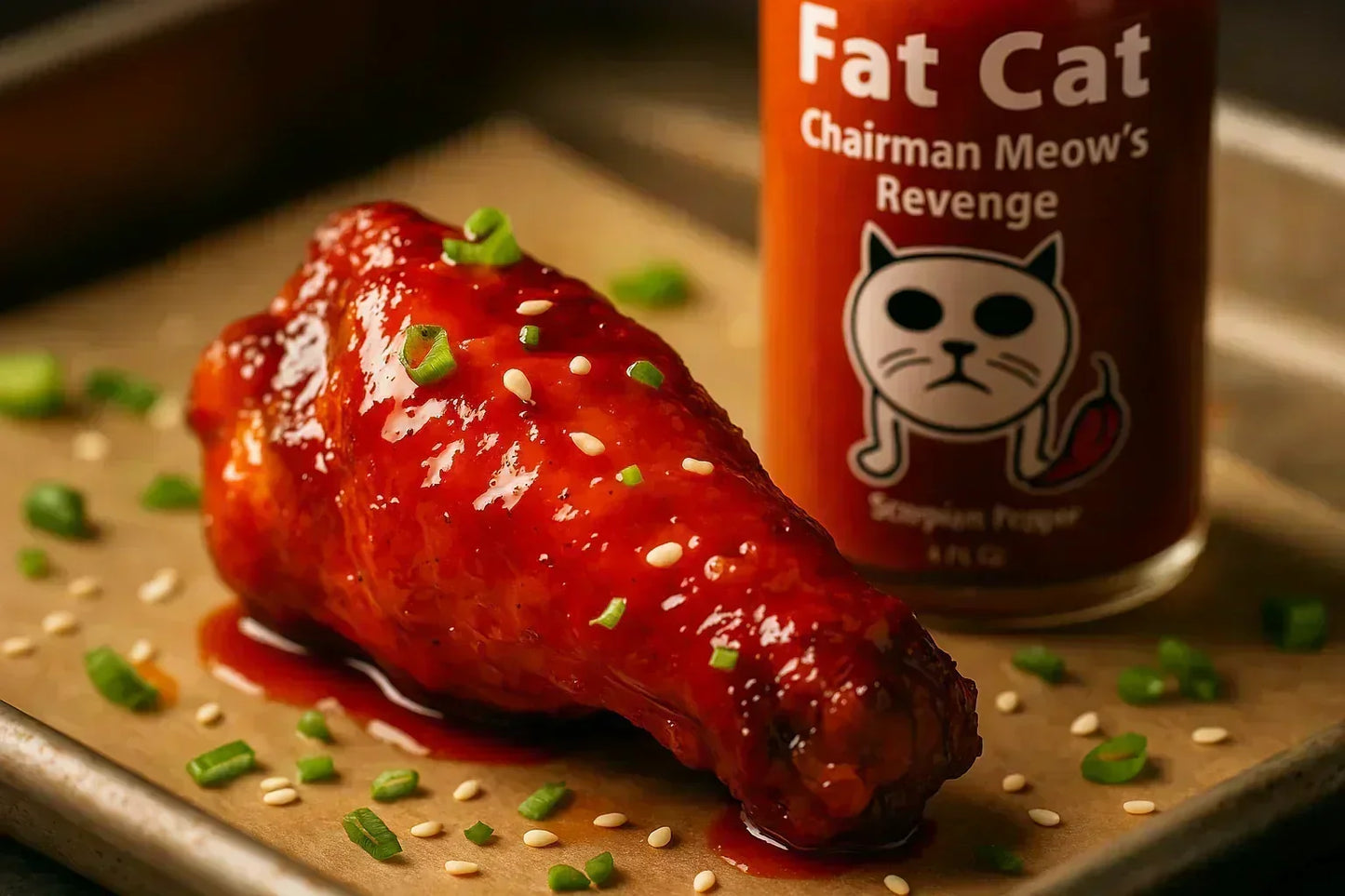 Spicy glazed chicken drumstick with sesame seeds and spring onions beside hot sauce bottle