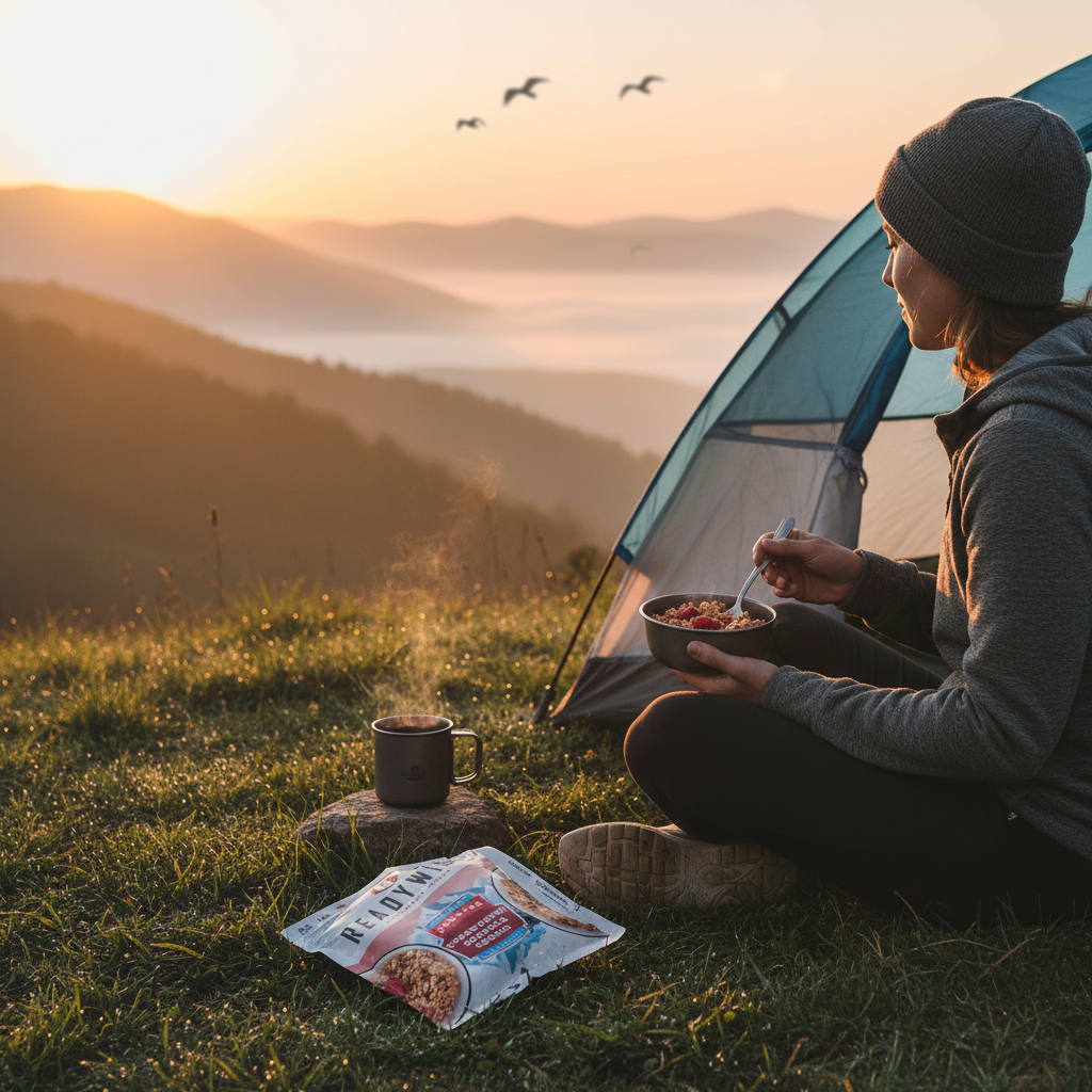 Hiker enjoying bowl of Sunrise Strawberry Granola Crunch at golden sunrise outside tent with misty mountain view and steaming coffee