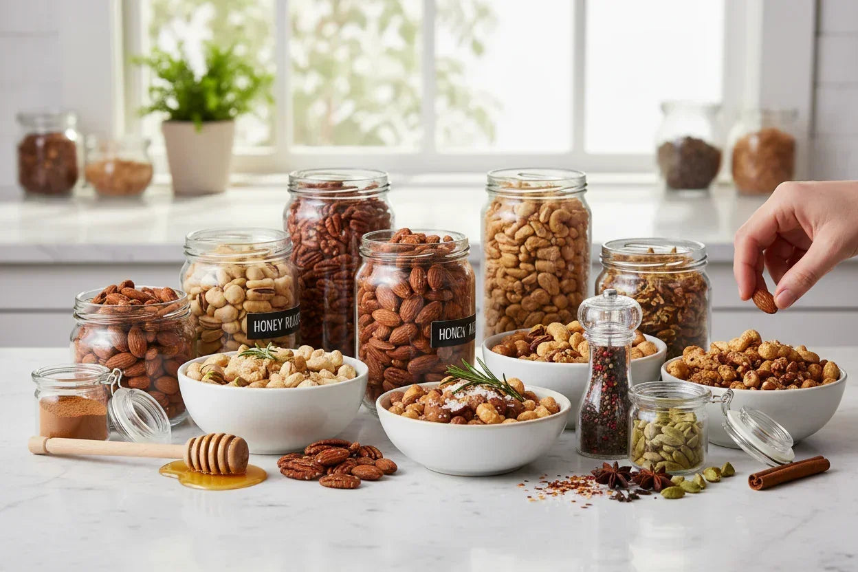 Assorted nuts in glass jars and white bowls on kitchen counter with honey and spices