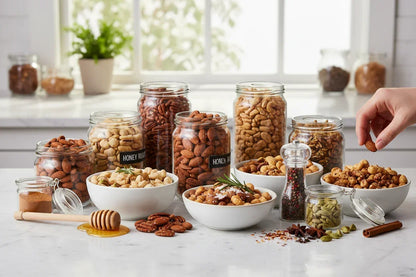 Assorted nuts in glass jars and white bowls on kitchen counter with honey and spices