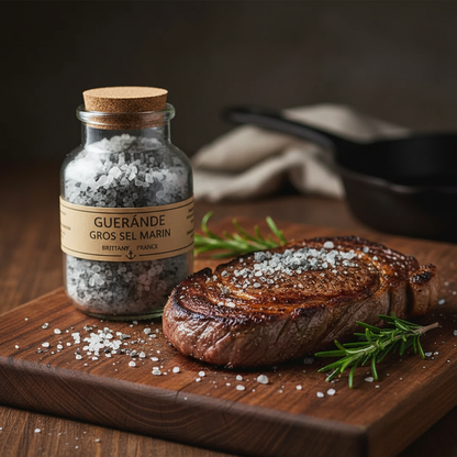 Guerande coarse salt jar beside seared steak on rustic wooden board with rosemary