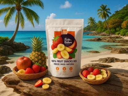 Freeze dried fruit snacks mix with apple, pineapple, banana, strawberry on tropical beach