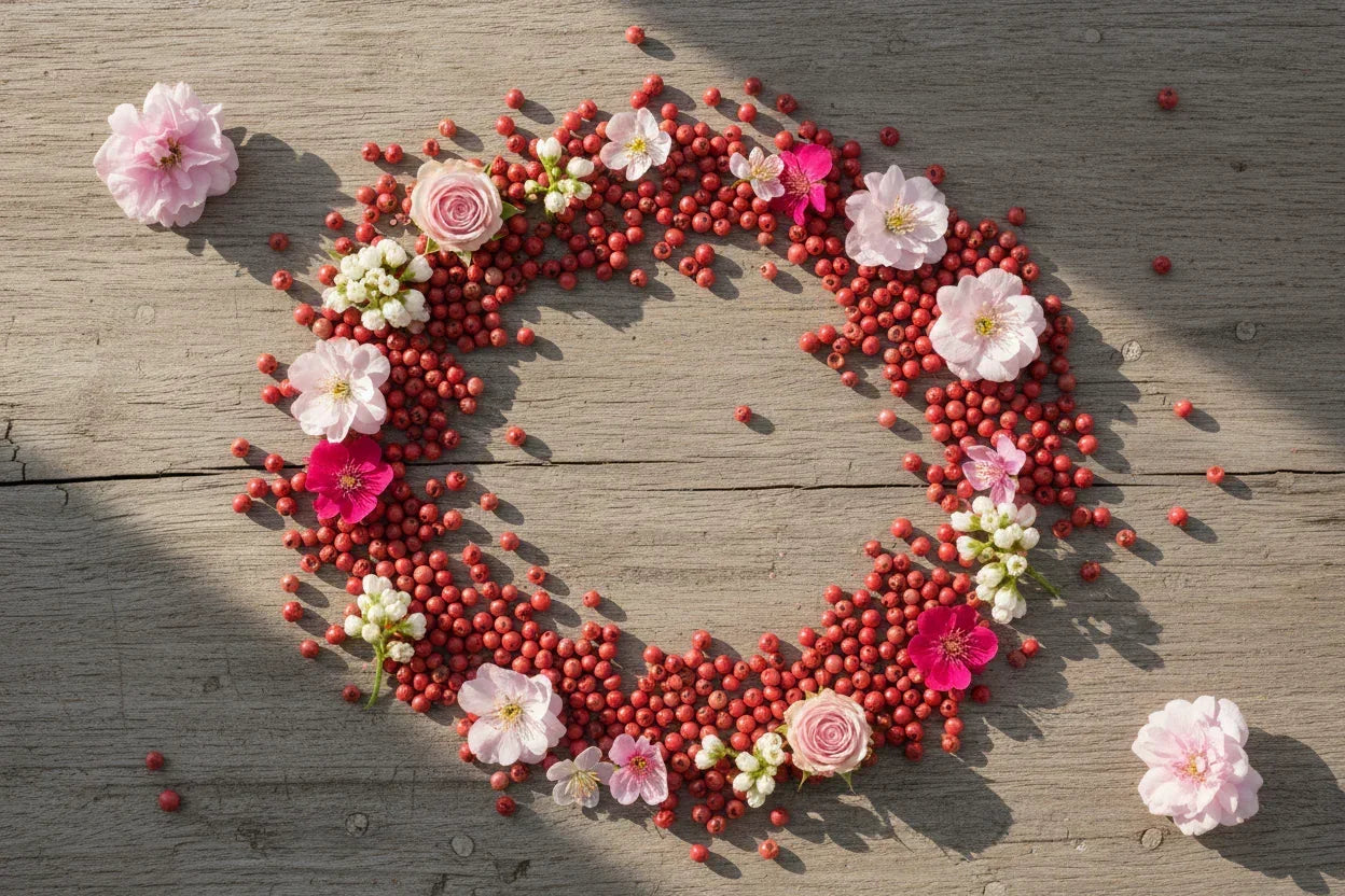 Circle of red Kampot peppercorns and pink flowers on rustic wooden background