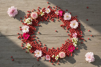 Circle of red Kampot peppercorns and pink flowers on rustic wooden background